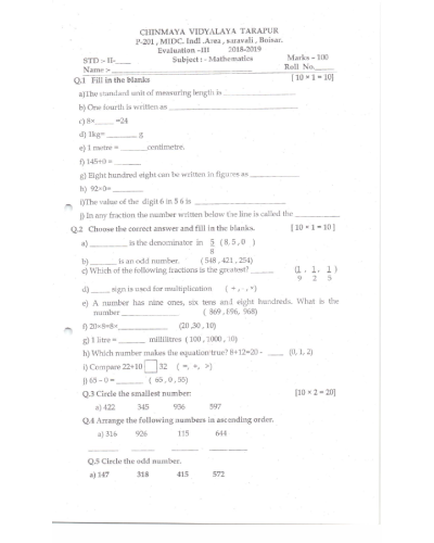 Standard 2 Evaluation III Question papers