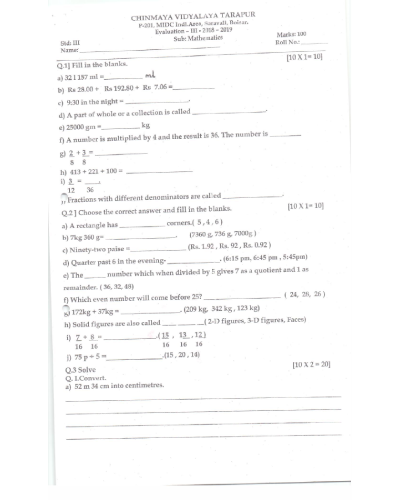 Standard 3 Evaluation III Question papers